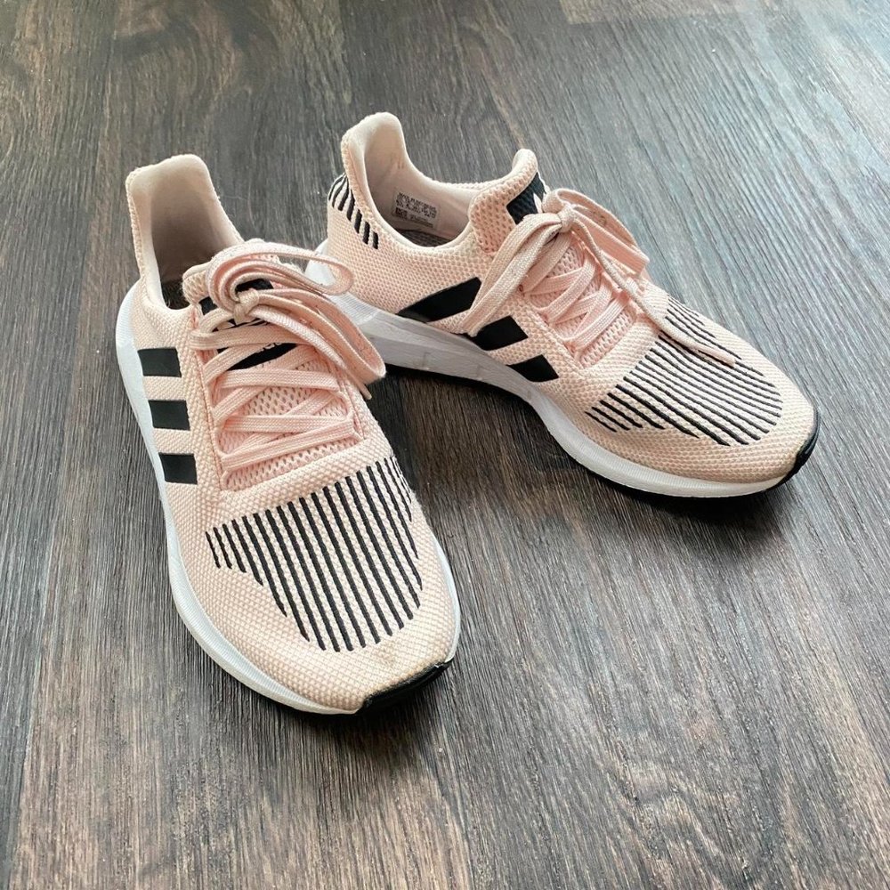 Baby pink and black striped Adidas Originals swift sneakers with stripe details